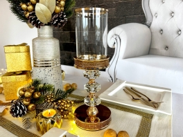 Świecznik złoty latarenka Glamour Gold 3 kryształowe elipsy