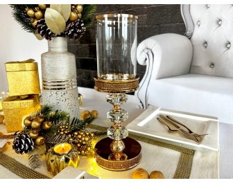 Świecznik złoty latarenka Glamour Gold 3 kryształowe elipsy